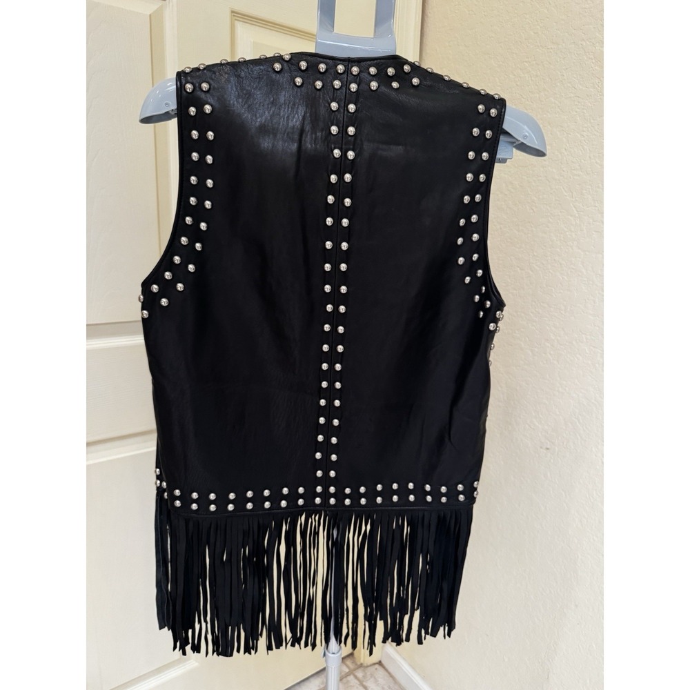 VTG DKNY Black Leather Fringed Studded Vest   Size XS - Picture 2 of 4